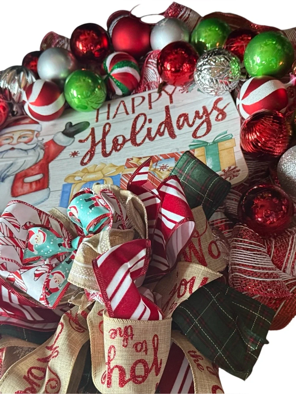 Happy Holidays Decorative Wreath with Red, Green and White Ornaments